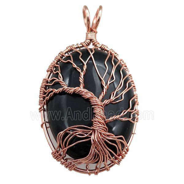 black onyx agate oval pendant with tree of life, wire wrapped
