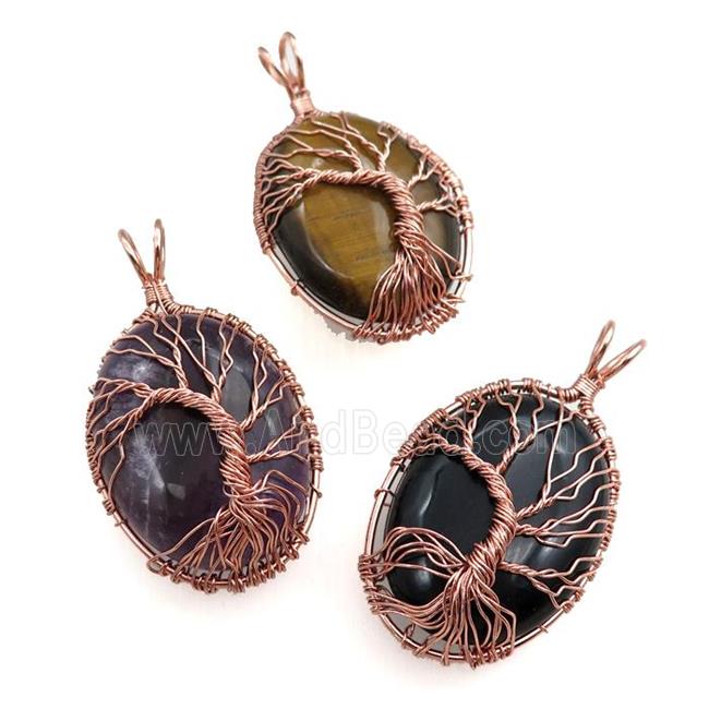 mixed gemstone oval pendant with tree of life, wire wrapped