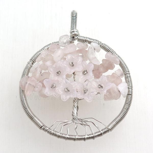 rose quartz pendant, tree of life, wire wrapped