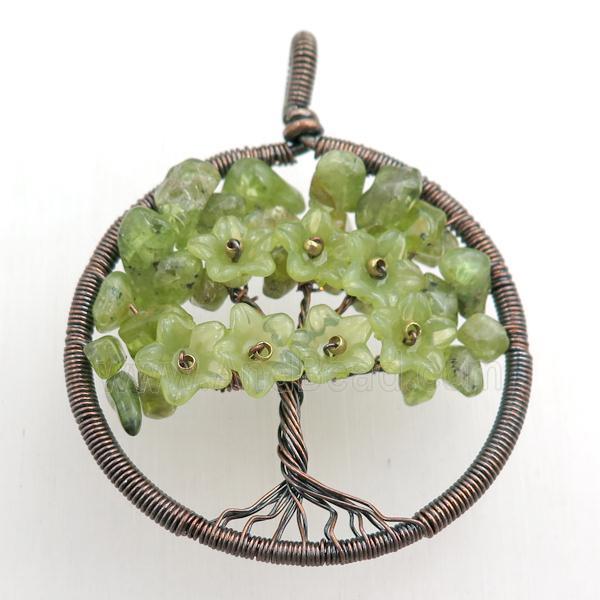 green prehnite pendant, tree of life, wire wrapped
