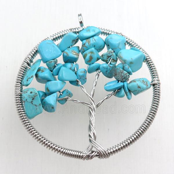 blue turquoise pendant, tree of life, wire wrapped