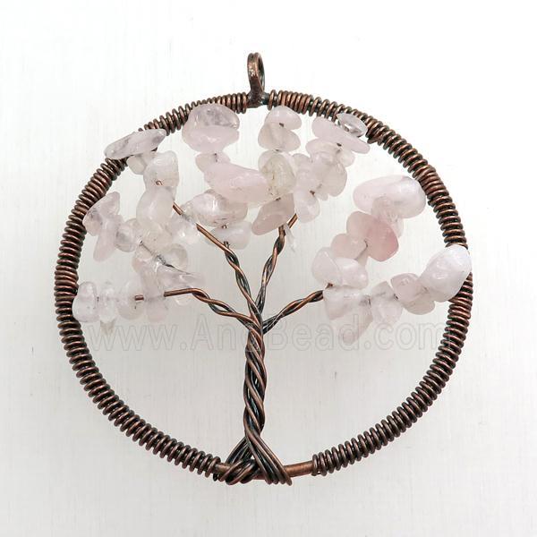 rose quartz pendant, tree of life, wire wrapped