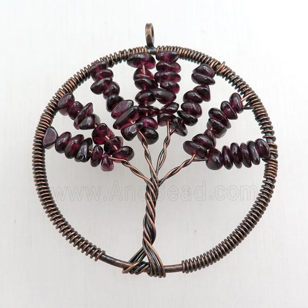 garnet pendant, tree of life, wire wrapped