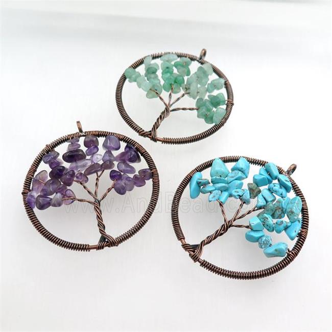 mixed gemstone pendant, tree of life, wire wrapped