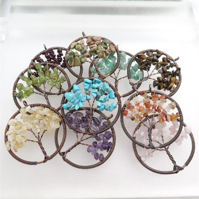 mixed gemstone pendant, tree of life, wire wrapped