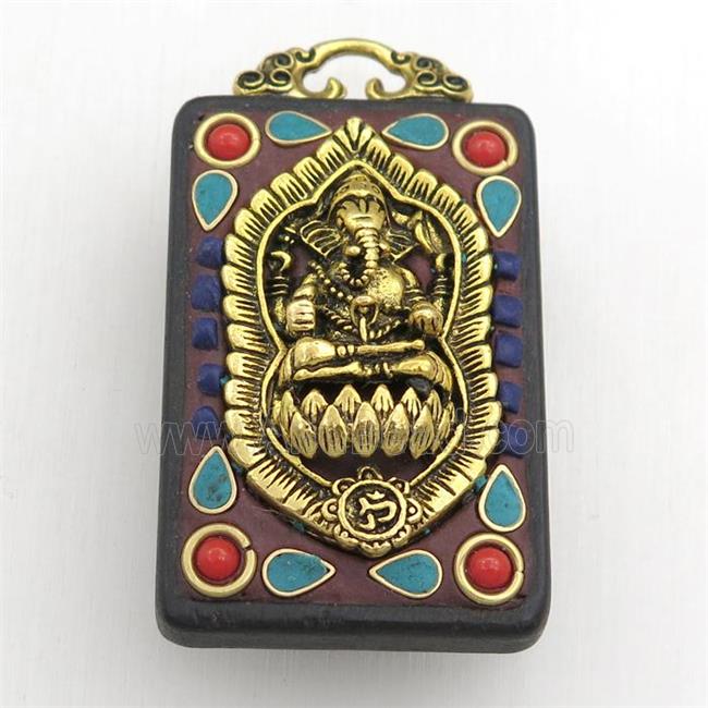 tibetan style ebony narra pendant, brass elephant, rectangle