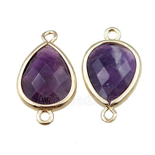 purple Amethyst connector, faceted teardrop, gold plated