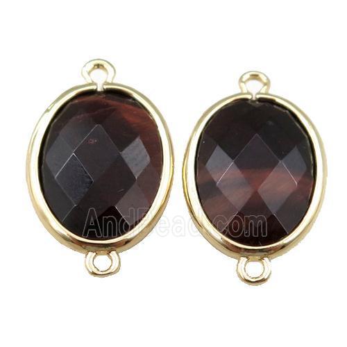 red Tiger eye stone connector, faceted oval, gold plated