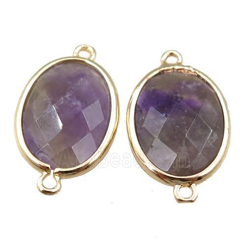 purple Amethyst connector, faceted oval, gold plated
