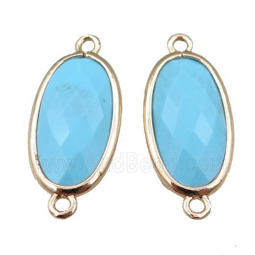 blue Turquoise connector, faceted oval, gold plated