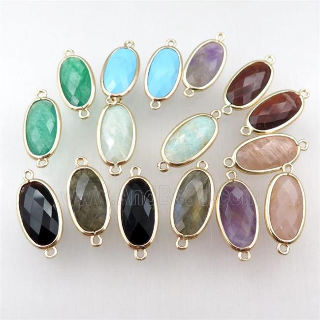 mixed Gemstone connector, faceted oval, gold plated