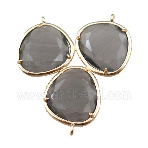 smoky cats eye stone connector with 3loops, gold plated