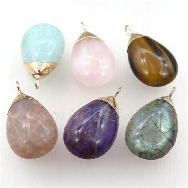 mixed Gemstone teardrop pendant, gold plated, smooth