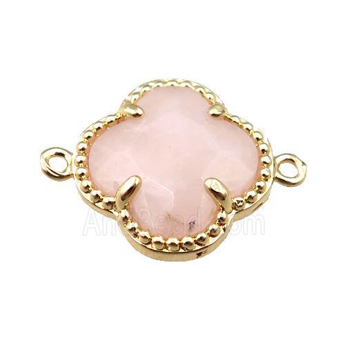 rose quartz connector, faceted clover, gold plated