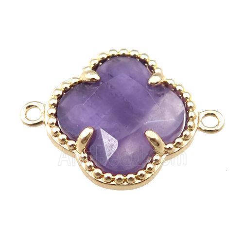 purple amethyst connector, faceted clover, gold plated