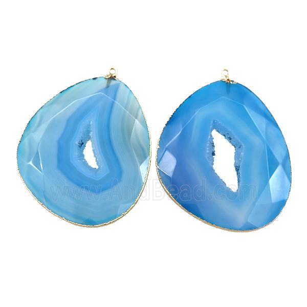 blue Agate druzy pendant, freeform, gold plated