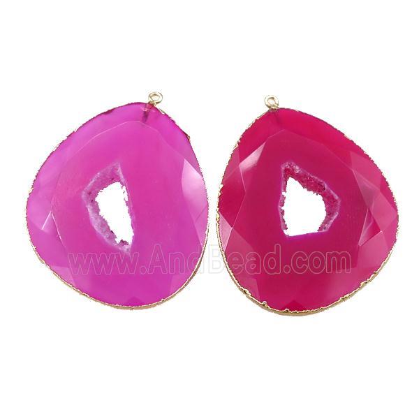 hotpink Agate druzy geode slice pendant, freeform, gold plated