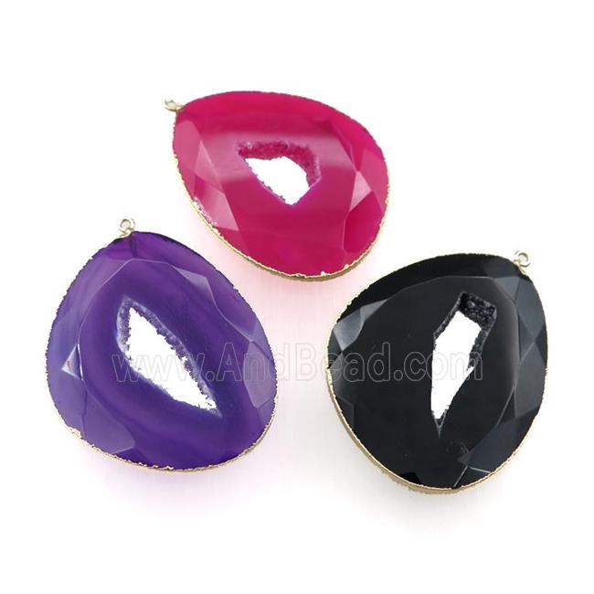 Agate druzy geode slice pendant, freeform, gold plated, mixed color