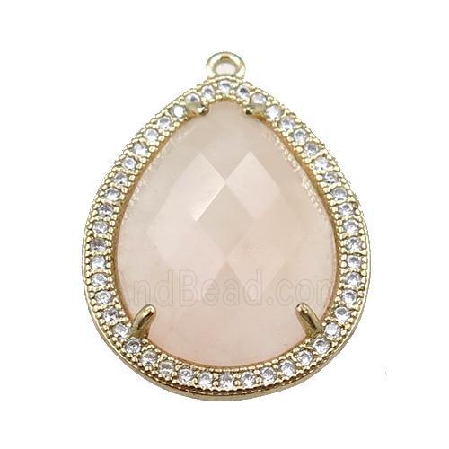Rose Quartz pendant pave rhinestone, faceted teardrop