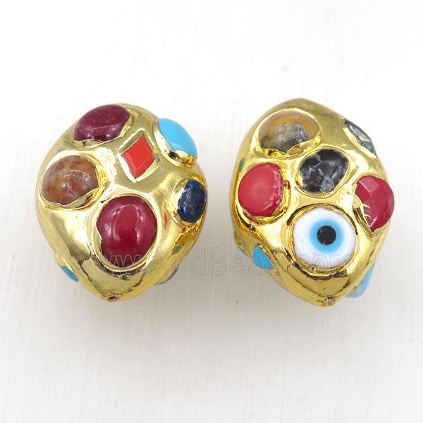 clay oval beads paved gemstone, gold plated