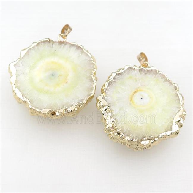 yellow solar quartz druzy slice pendant, gold plated
