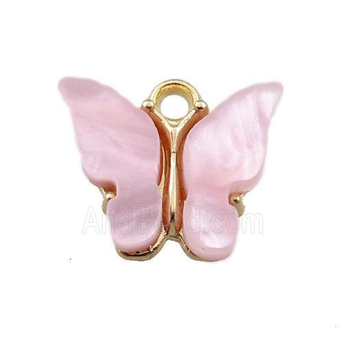pink pearlized Glass butterfly pendant, gold plated