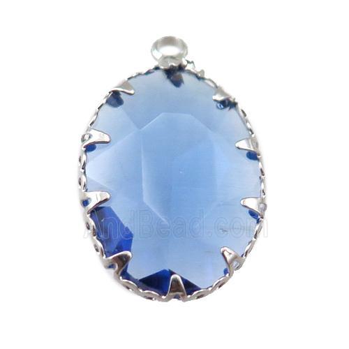 lt.blue crystal glass oval pendant, platinum plated