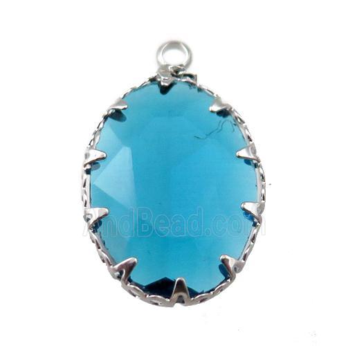 aqua crystal glass oval pendant, platinum plated