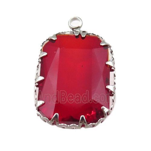 red crystal glass rectangle pendant, platinum plated