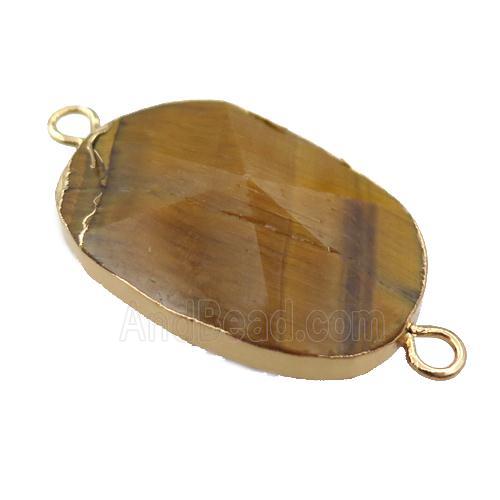 Tiger eye stone oval connector, point, gold plated