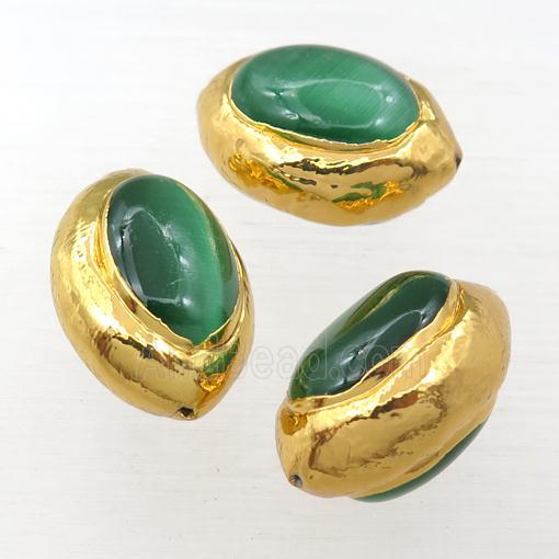 green Cat Eye Glass barrel beads, gold plated