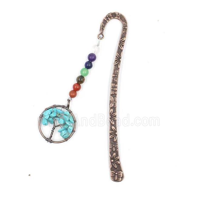 Zinc bookmark charm with tree of life, gemstone chakra, turquoise, antique red