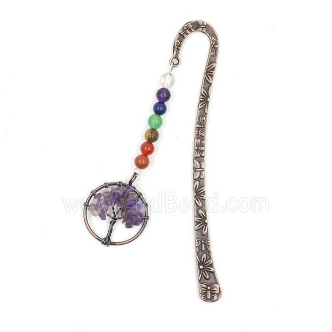 Zinc bookmark with tree of life, gemstone chakra, amethyst, antique red