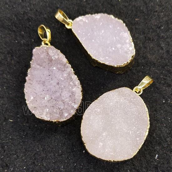 Agate druzy pendant, freeform, natural color, gold plated