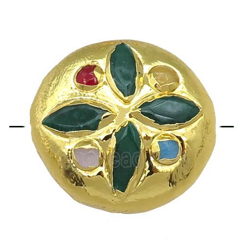 green jade circle button beads, gold plated