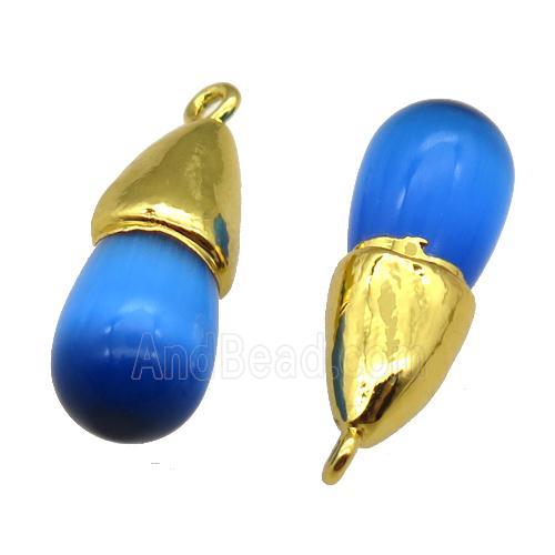 blue Cat eye stone pendant, teardrop, gold plated