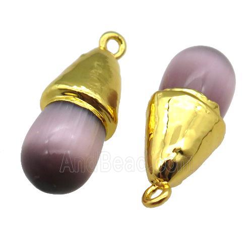purple Cat eye stone pendant, teardrop, gold plated