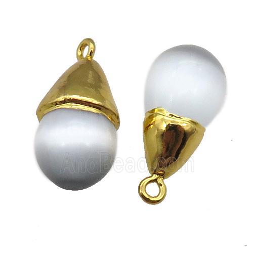 white Cat eye stone pendant, teardrop, gold plated