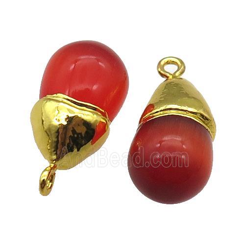 red Cat eye stone pendant, teardrop, gold plated
