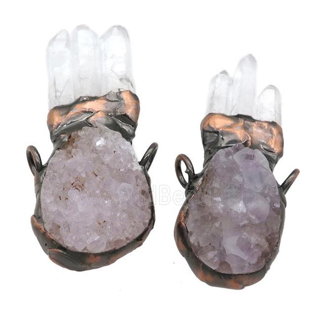 Quartz Druzy pendant with Crystal Quartz, antique red