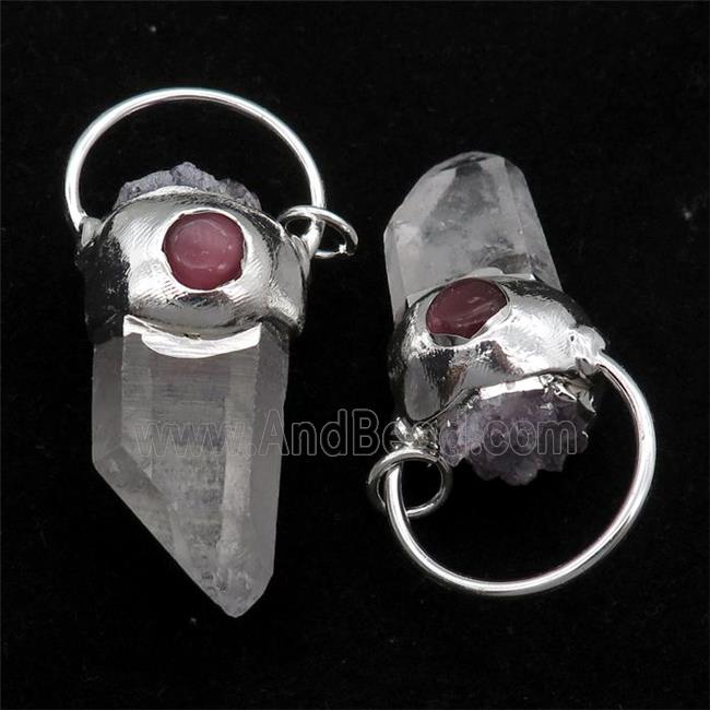 Crystal Quartz stick pendant, silver plated