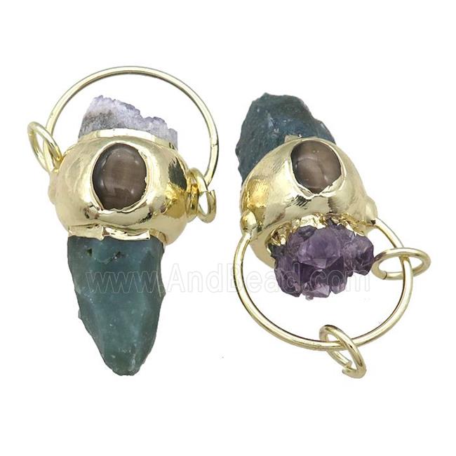 Rock Agate bullet pendant with Amethst Druzy, rough, gold plated