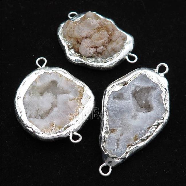 white Agate Druzy Geode connector, freeform, silver plated