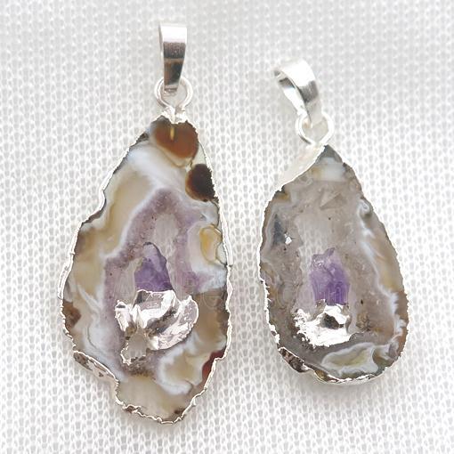 Agate Druzy slab pendant, silver plated