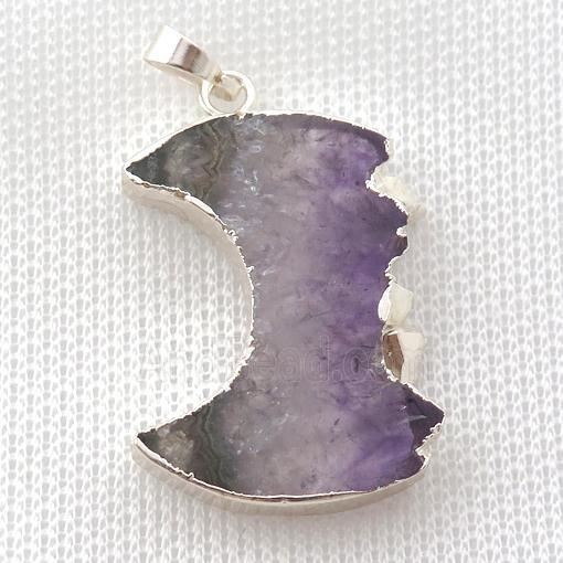 Amethyst Druzy moon pendant, silver plated
