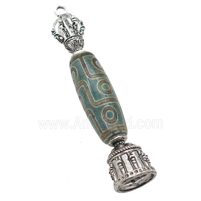 tibetan style green Agate pendant with bail, eye, antique silver