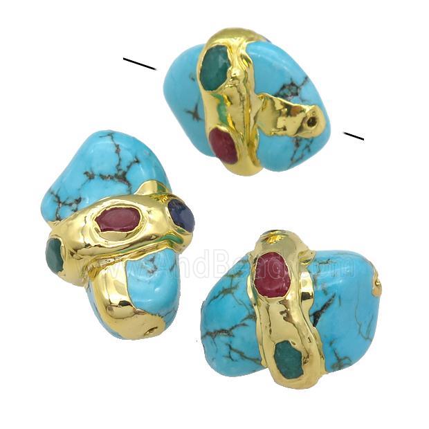 blue Magnesite Turquoise beads, freeform, gold plated
