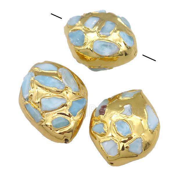 Larimar oval beads, gold plated