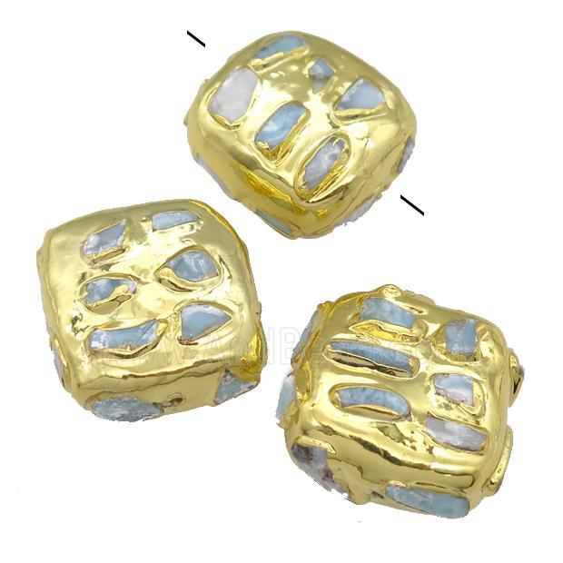 Larimar square beads, gold plated