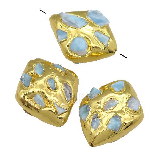 Larimar rhombic beads, gold plated